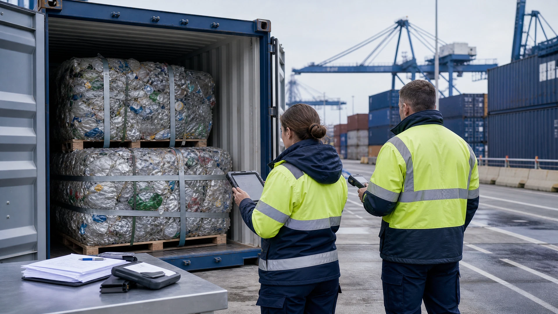 Contrôle douanier de balles de déchets plastiques dans un terminal européen