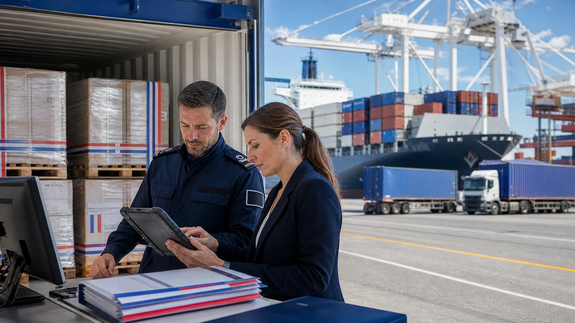 Contrôle douanier de marchandises industrielles américaines dans un terminal européen