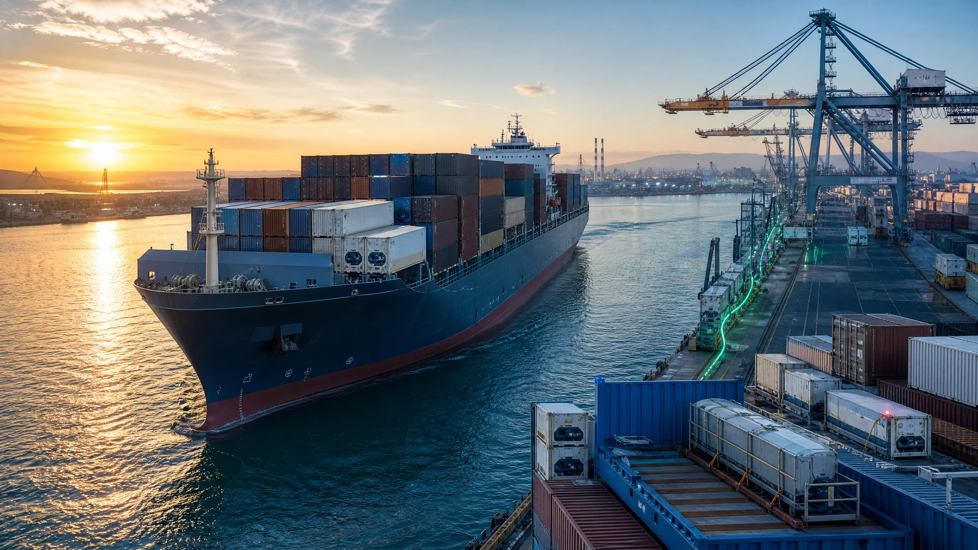 Porte-conteneurs et terminal méditerranéen illustrant la transition énergétique à Fos-sur-Mer