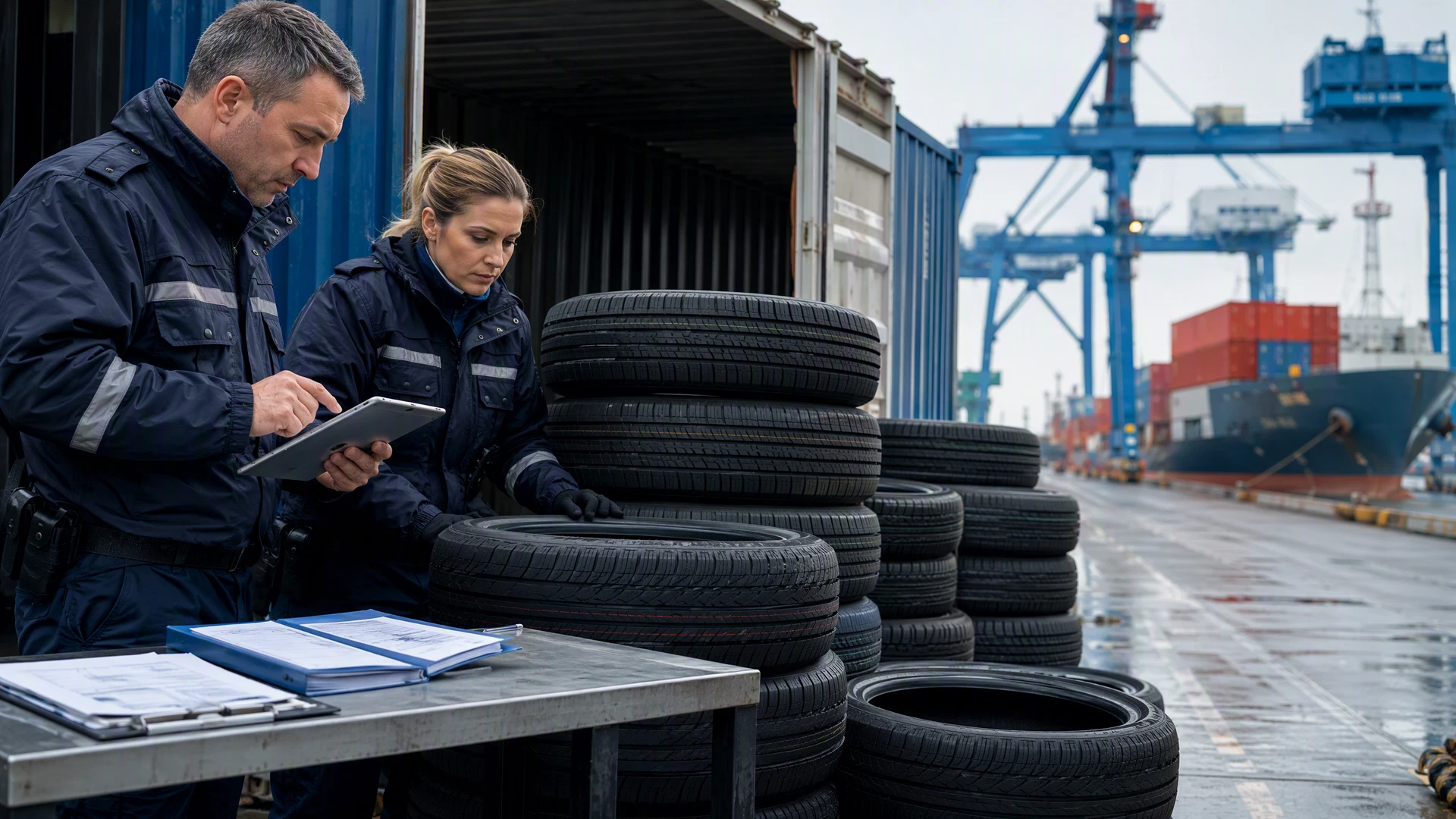 Contrôle douanier de pneumatiques importés dans un terminal portuaire européen
