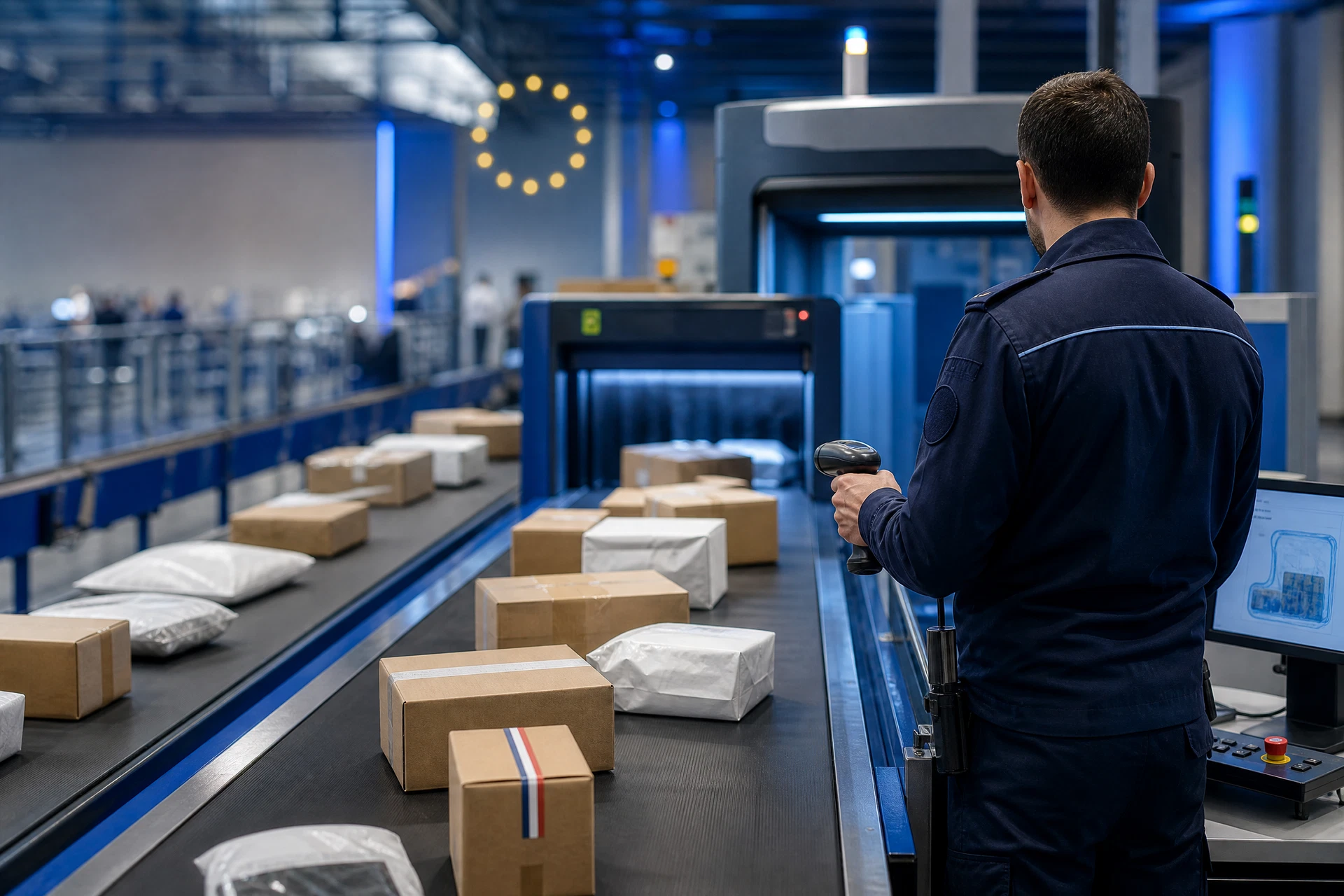 Inspection douanière de petits colis dans un centre logistique européen