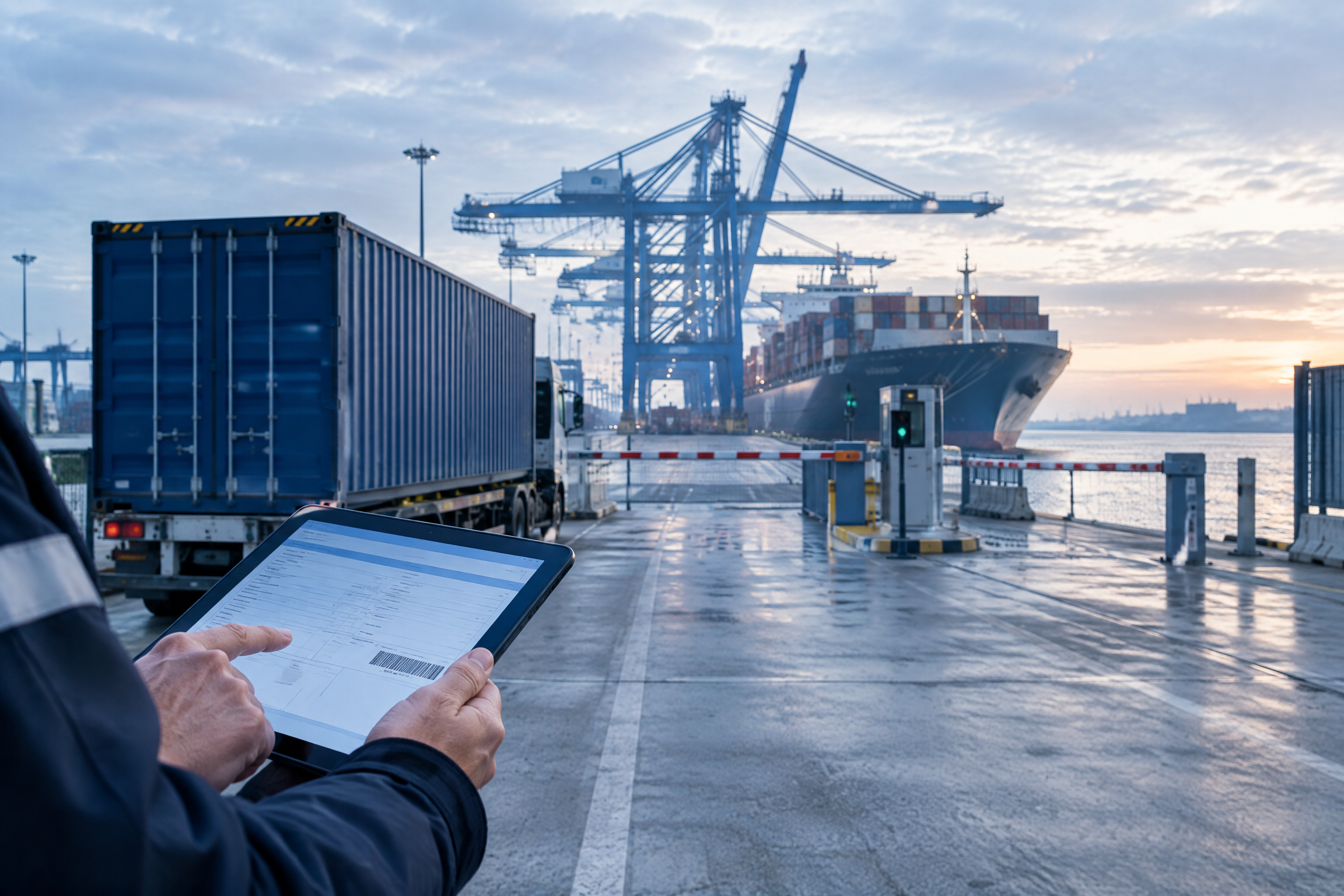 Déclaration d'export et MRN contrôlés sur tablette devant un terminal portuaire européen
