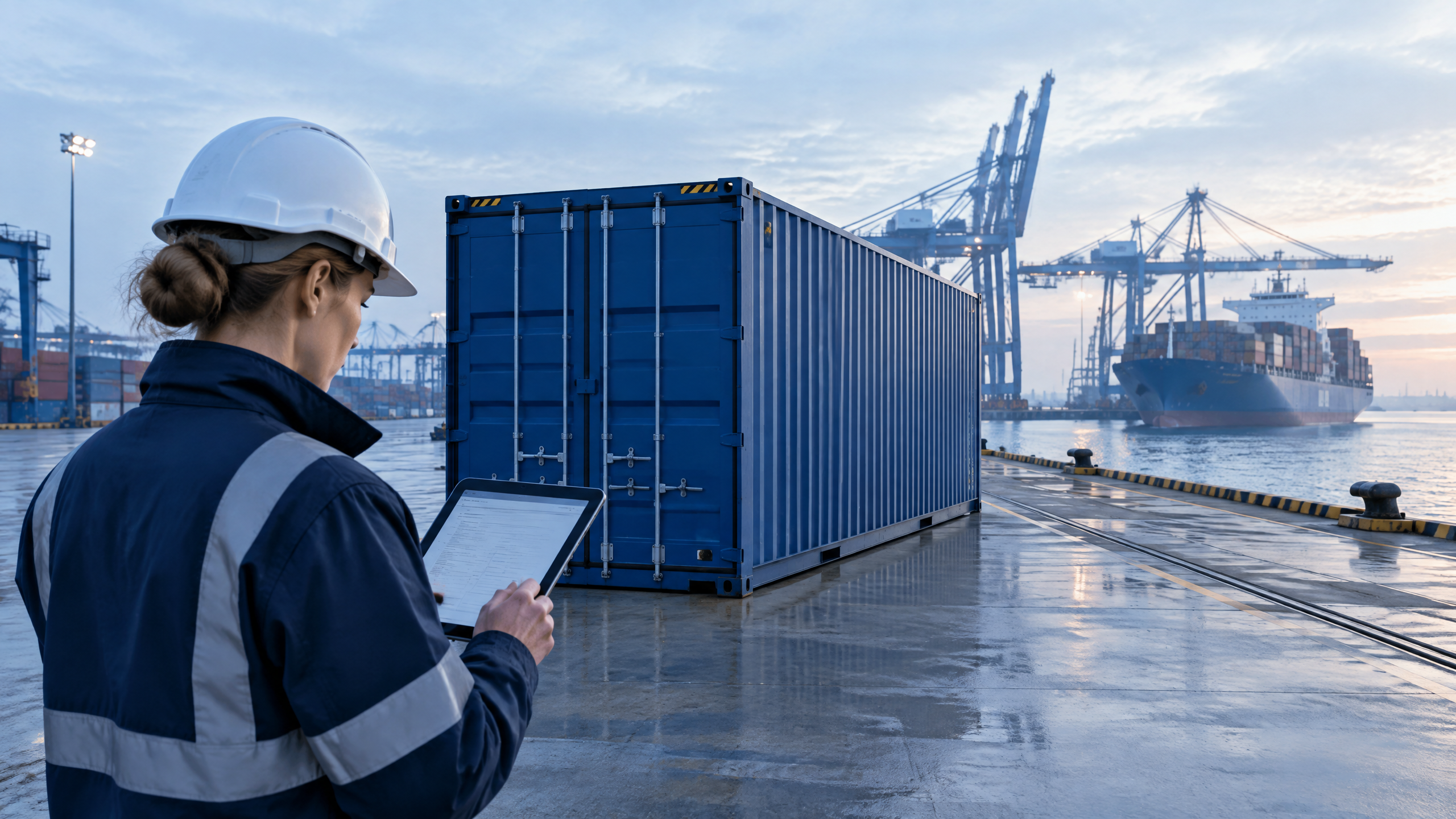 Conteneur maritime dédouané à l’import devant un terminal portuaire européen
